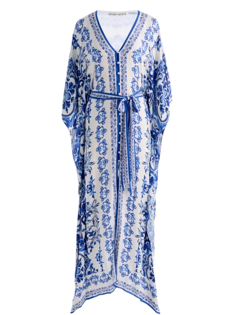 Alice + Olivia White and Blue Floral Tie-Waist Kaftan